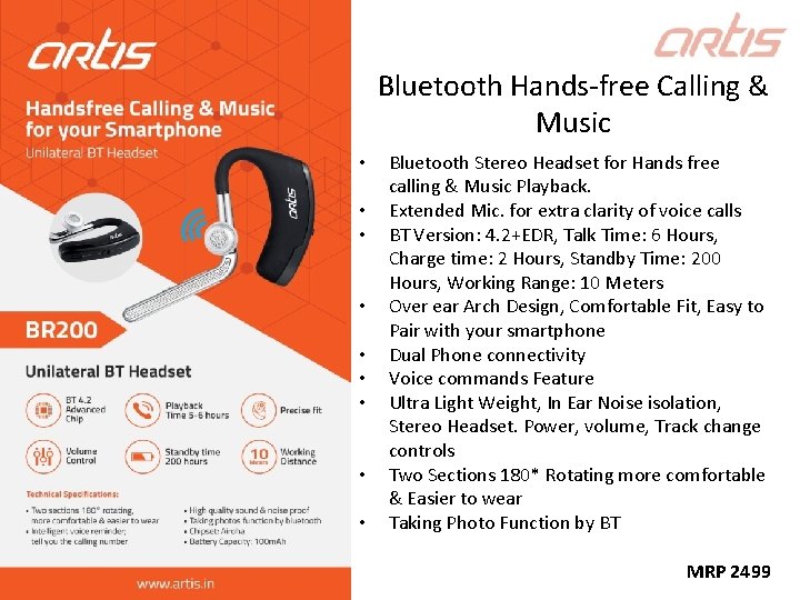 Bluetooth Hands-free Calling & Music • • • Bluetooth Stereo Headset for Hands free