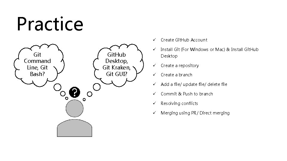 Practice Git Command Line, Git Bash? Git. Hub Desktop, Git Kraken, Git GUI? ü