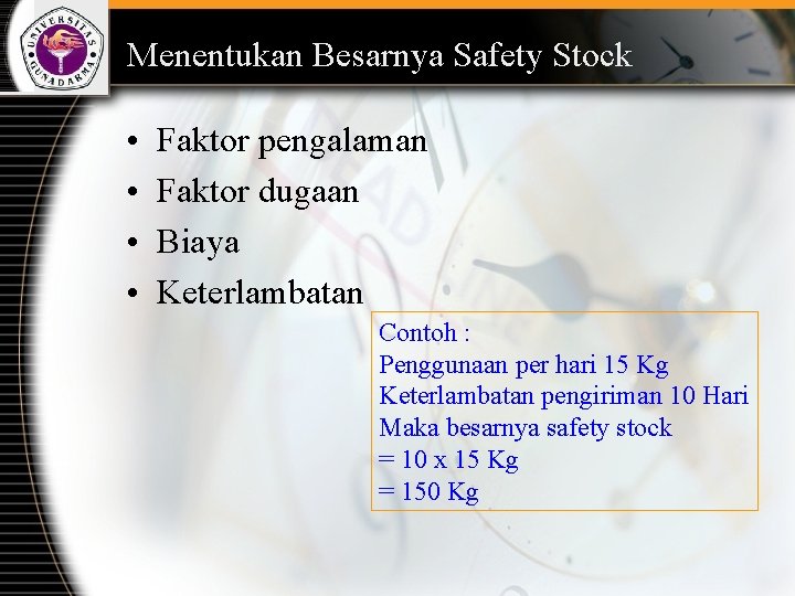 Menentukan Besarnya Safety Stock • • Faktor pengalaman Faktor dugaan Biaya Keterlambatan Contoh :