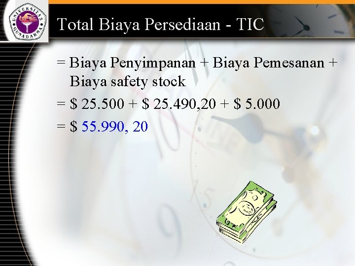 Total Biaya Persediaan - TIC = Biaya Penyimpanan + Biaya Pemesanan + Biaya safety