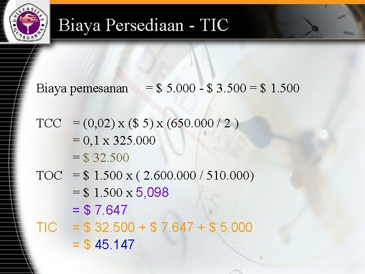 Biaya Persediaan - TIC Biaya pemesanan = $ 5. 000 - $ 3. 500