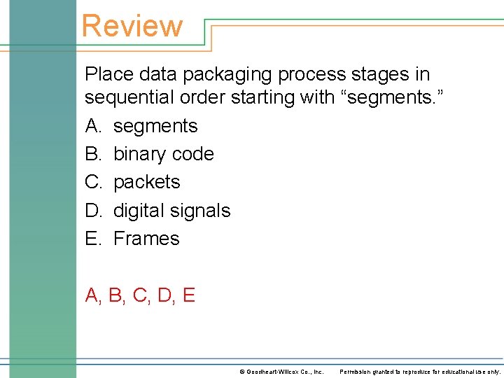 Review Place data packaging process stages in sequential order starting with “segments. ” A.