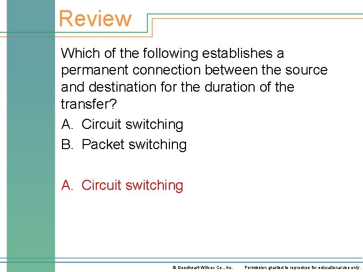 Review Which of the following establishes a permanent connection between the source and destination