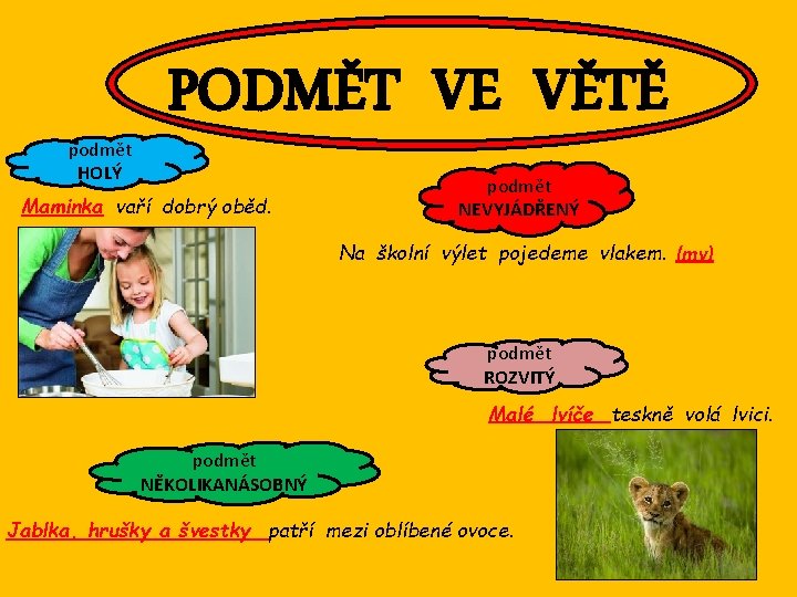 podmět HOLÝ PODMĚT VE VĚTĚ Maminka vaří dobrý oběd. podmět NEVYJÁDŘENÝ Na školní výlet