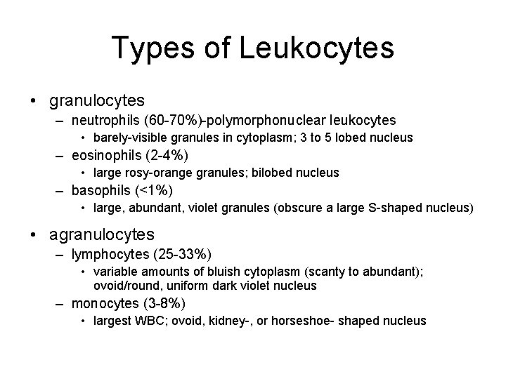Types of Leukocytes • granulocytes – neutrophils (60 -70%)-polymorphonuclear leukocytes • barely-visible granules in