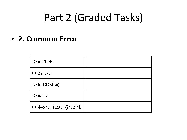 Part 2 (Graded Tasks) • 2. Common Error >> a=-3. 4; >> 2 a^2