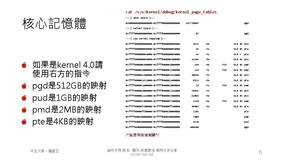 cat /sys/kernel/debug/kernel_page_tables 核心記憶體 ---[ User Space ]--0 x 00000000 -0 xffff 8000000 16777088 T