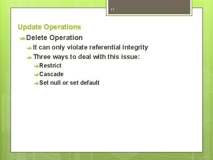 17 Update Operations Delete Operation It can only violate referential integrity Three ways to 17 Update Operations Delete Operation It can only violate referential integrity Three ways to