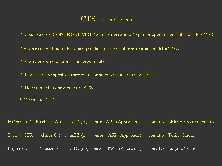 CTR (Control Zone) * Spazio aereo CONTROLLATO Comprendente uno (o più aeroporti) con traffico