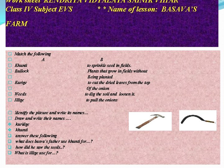 Work sheet KENDRIYA VIDYALAYA SAINIK VIHAR Class IV Subject EVS * * Name of