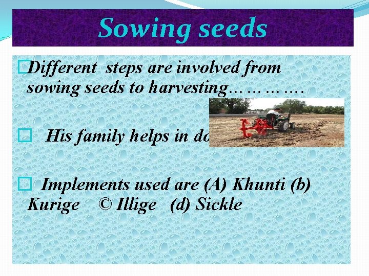 Sowing seeds �Different steps are involved from sowing seeds to harvesting…………. � His family