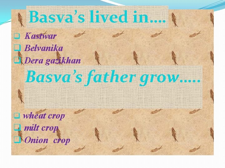 Basva’s lived in…. q Kastwar q Belvanika q Dera gazikhan Basva’s father grow…. .