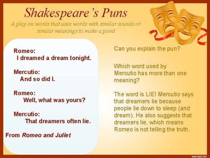 Shakespeare’s Puns A play on words that uses words with similar sounds or similar