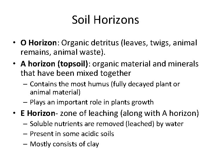 Soil Horizons • O Horizon: Organic detritus (leaves, twigs, animal remains, animal waste). •