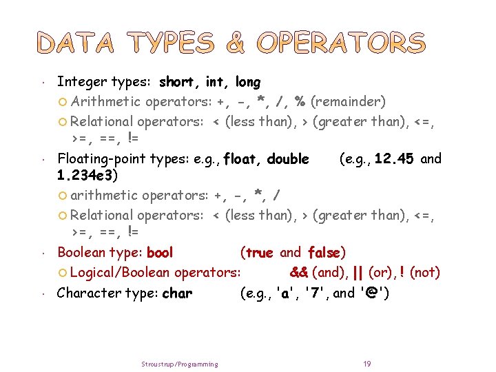  Integer types: short, int, long Arithmetic operators: +, -, *, /, % (remainder)