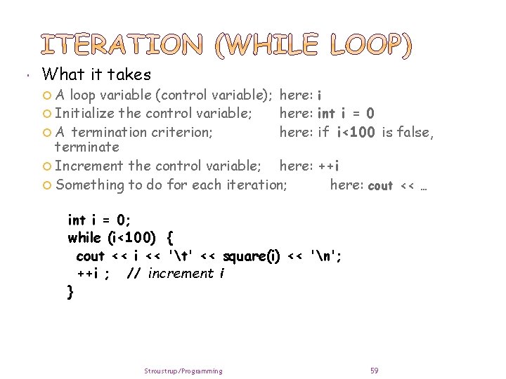  What it takes A loop variable (control variable); here: i Initialize the control