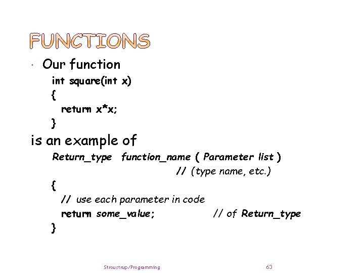  Our function int square(int x) { return x*x; } is an example of