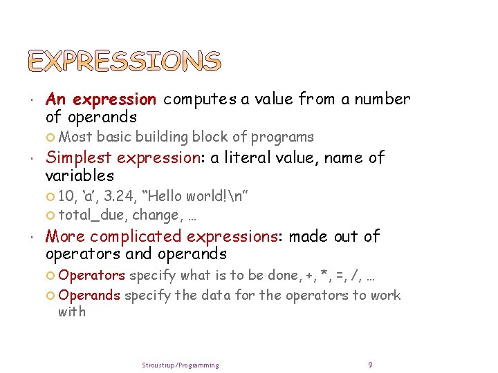 An expression computes a value from a number of operands Most basic building