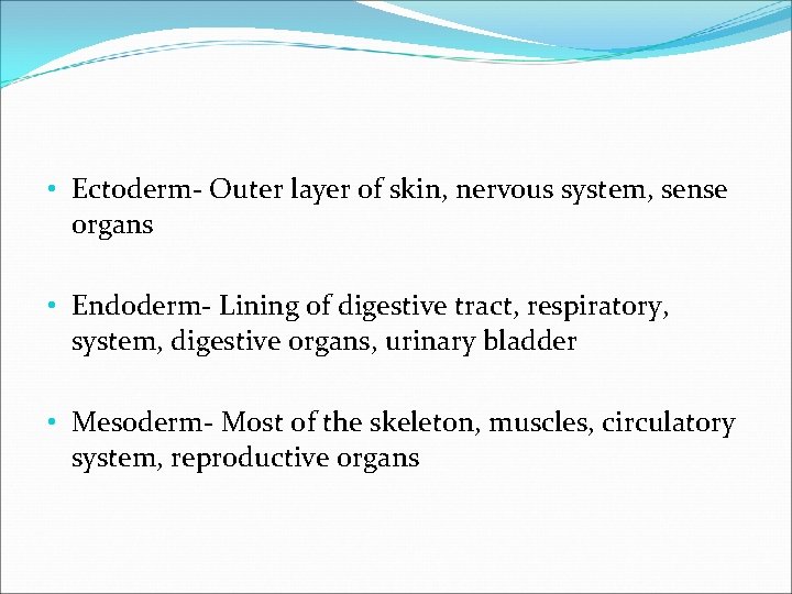  • Ectoderm- Outer layer of skin, nervous system, sense organs • Endoderm- Lining