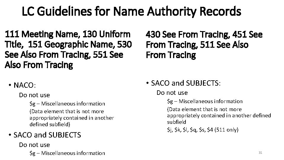 LC Guidelines for Name Authority Records 111 Meeting Name, 130 Uniform Title, 151 Geographic