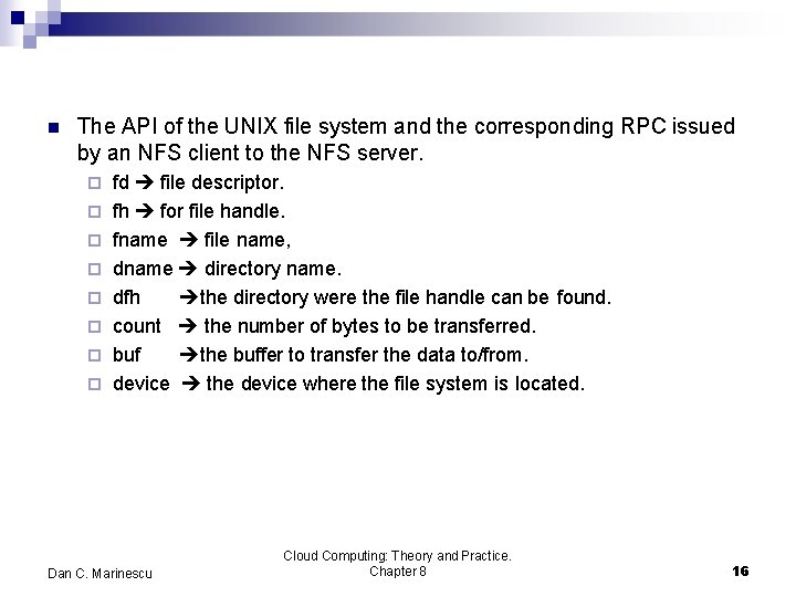  The API of the UNIX file system and the corresponding RPC issued by