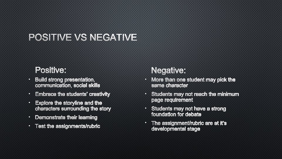 POSITIVE VS NEGATIVE POSITIVE: NEGATIVE: • BUILD STRONG PRESENTATION, COMMUNICATION, SOCIAL SKILLS • MORE