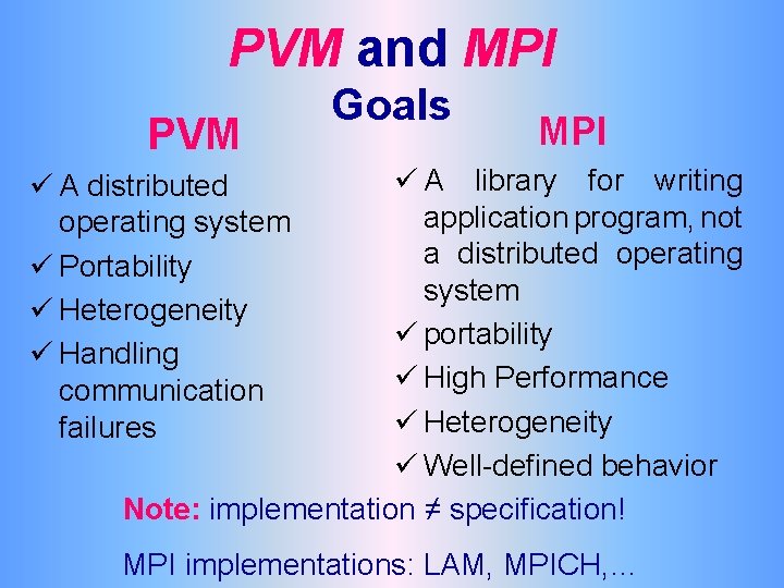 PVM and MPI PVM Goals MPI ü A library for writing application program, not