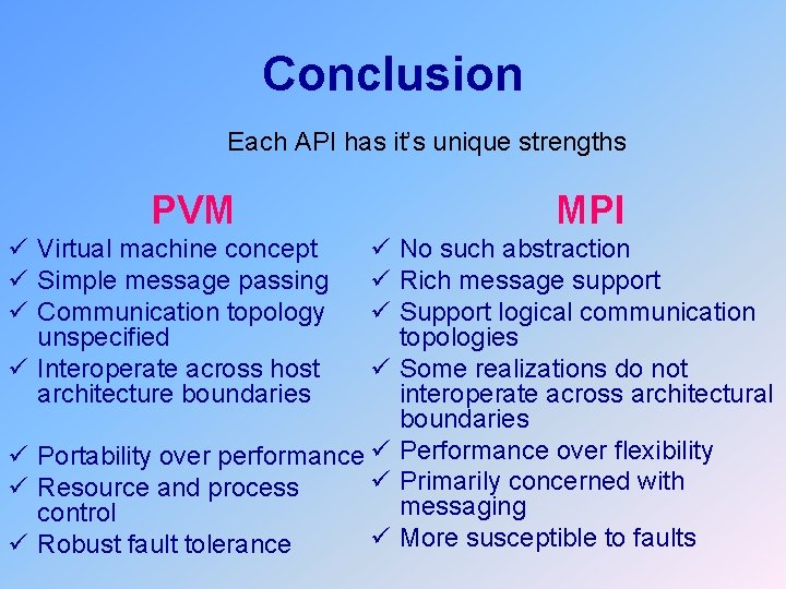 Conclusion Each API has it’s unique strengths PVM ü Virtual machine concept ü Simple