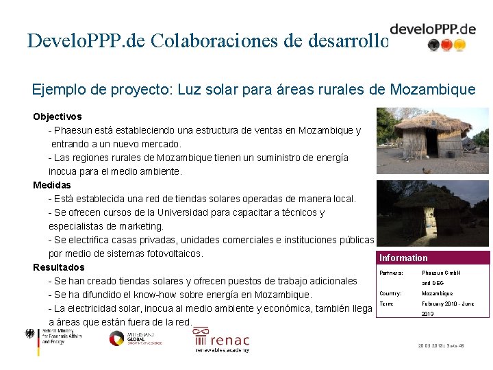 Develo. PPP. de Colaboraciones de desarrollo Ejemplo de proyecto: Luz solar para áreas rurales