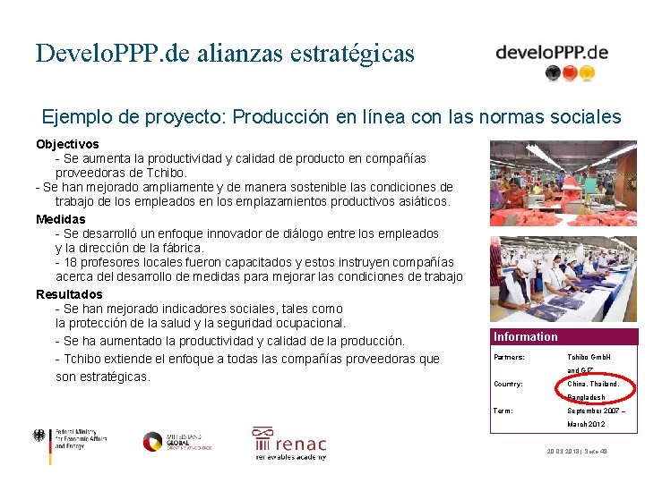 Develo. PPP. de alianzas estratégicas Ejemplo de proyecto: Producción en línea con las normas