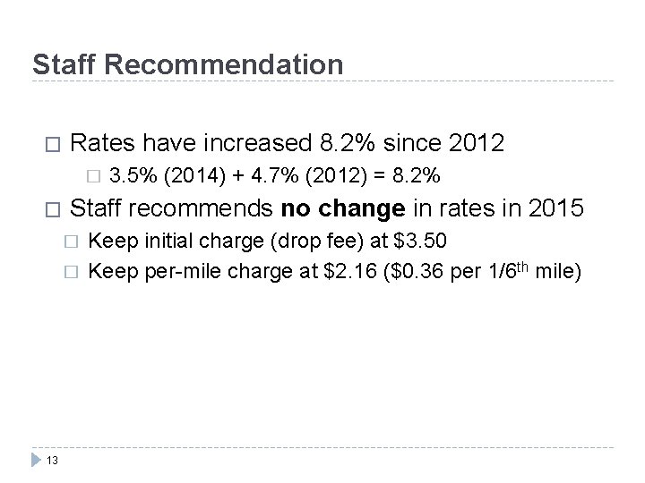 Staff Recommendation � Rates have increased 8. 2% since 2012 � � Staff recommends