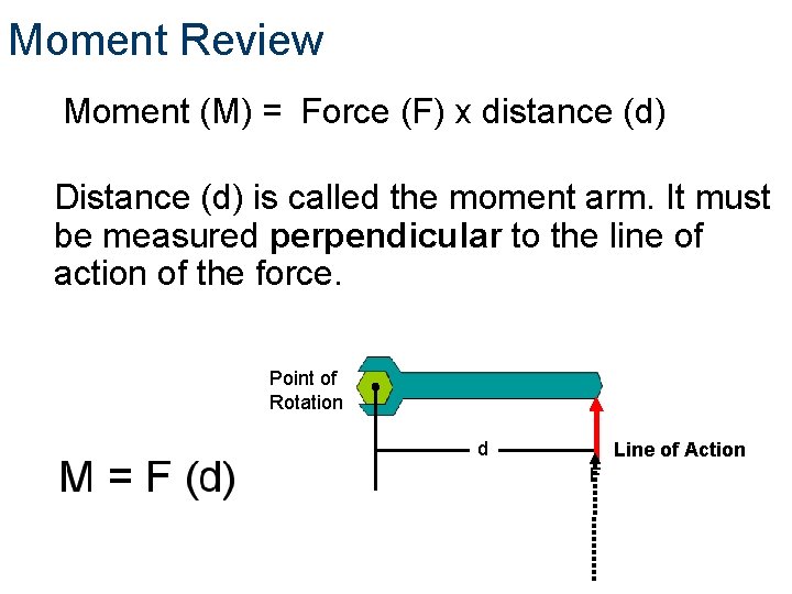 Moment Review Moment (M) = Force (F) x distance (d) Distance (d) is called