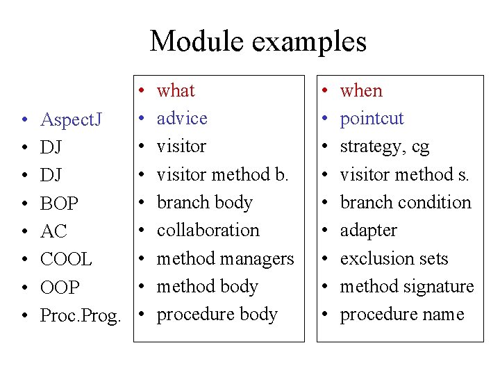 Module examples • • • Aspect. J • DJ • BOP • AC •