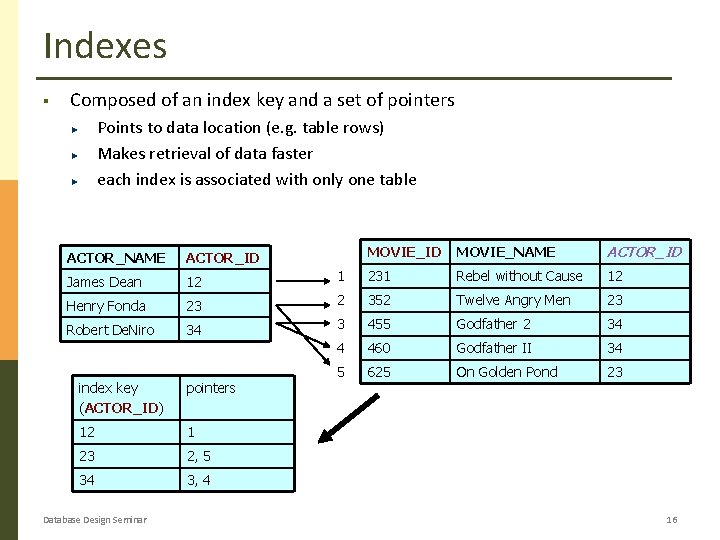 Indexes § Composed of an index key and a set of pointers Points to