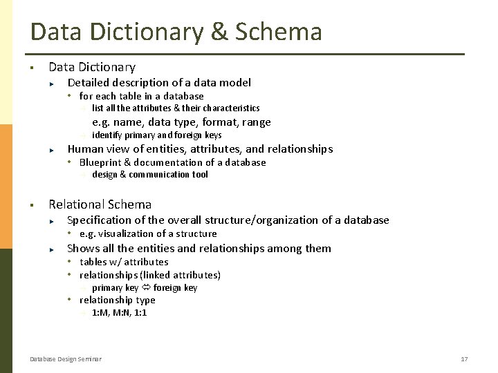 Data Dictionary & Schema § Data Dictionary Detailed description of a data model •