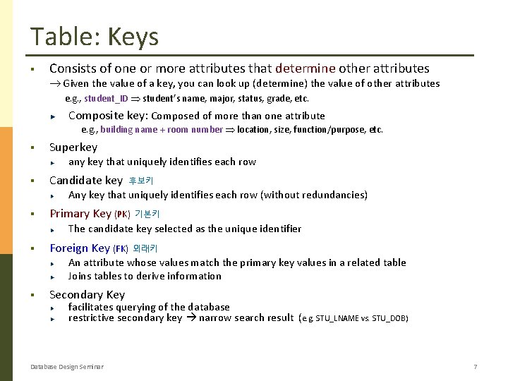 Table: Keys § Consists of one or more attributes that determine other attributes Given