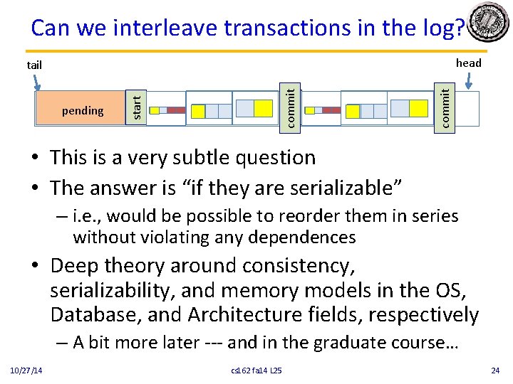 Can we interleave transactions in the log? head commit start pending start tail • Can we interleave transactions in the log? head commit start pending start tail •