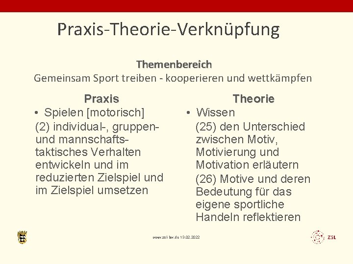 Praxis-Theorie-Verknüpfung Themenbereich Gemeinsam Sport treiben - kooperieren und wettkämpfen Praxis • Spielen [motorisch] (2)