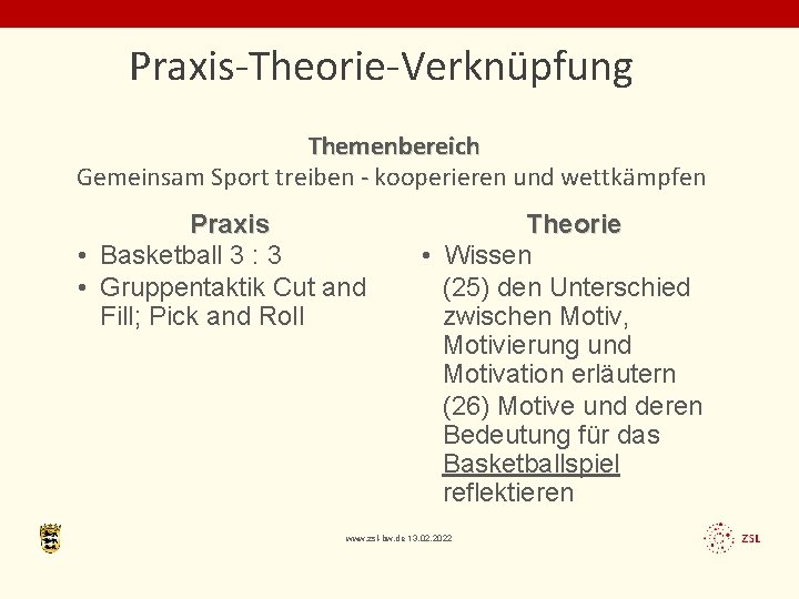 Praxis-Theorie-Verknüpfung Themenbereich Gemeinsam Sport treiben - kooperieren und wettkämpfen Praxis • Basketball 3 :