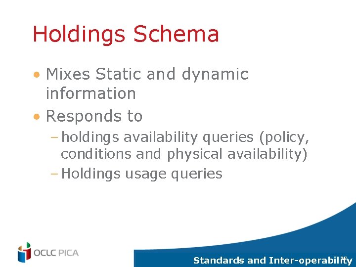 Holdings Schema • Mixes Static and dynamic information • Responds to – holdings availability