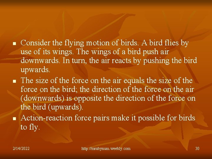 n n n Consider the flying motion of birds. A bird flies by use