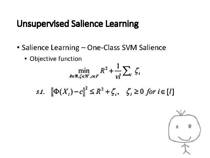 Unsupervised Salience Learning • Salience Learning – One-Class SVM Salience • Objective function 