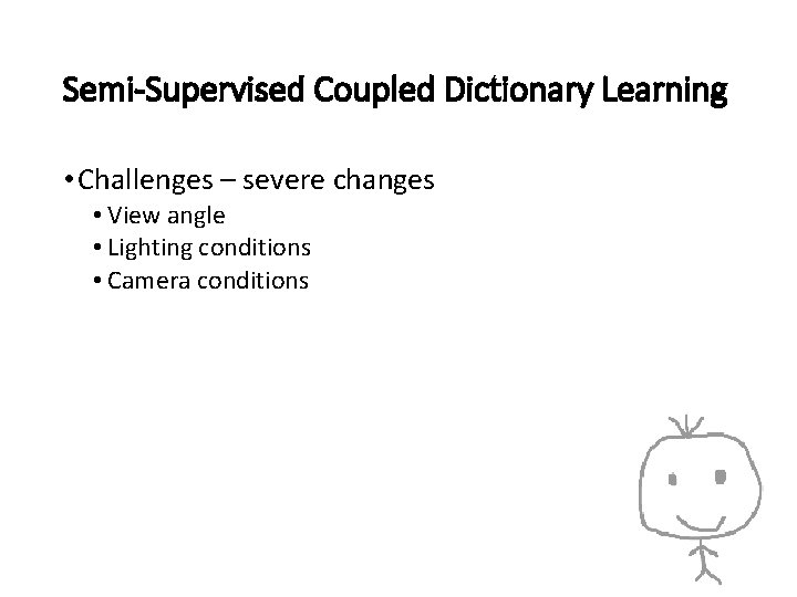 Semi-Supervised Coupled Dictionary Learning • Challenges – severe changes • View angle • Lighting