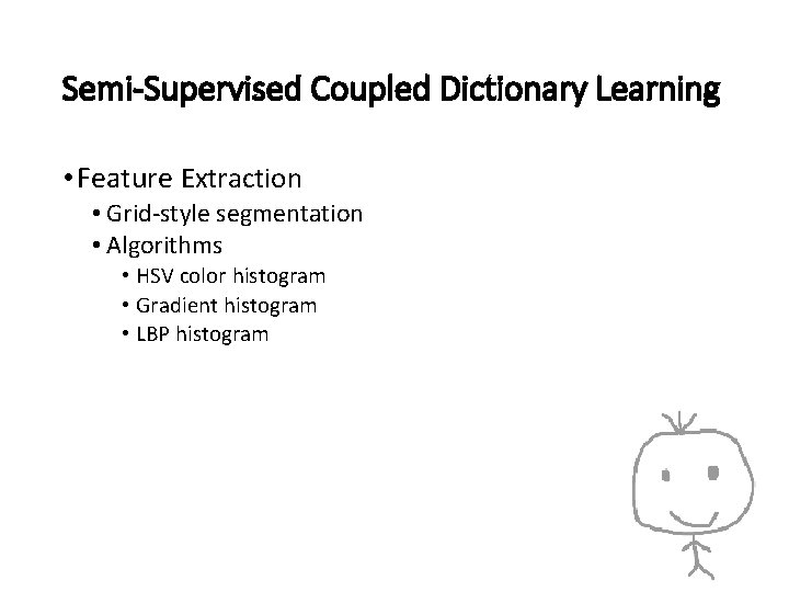 Semi-Supervised Coupled Dictionary Learning • Feature Extraction • Grid-style segmentation • Algorithms • HSV