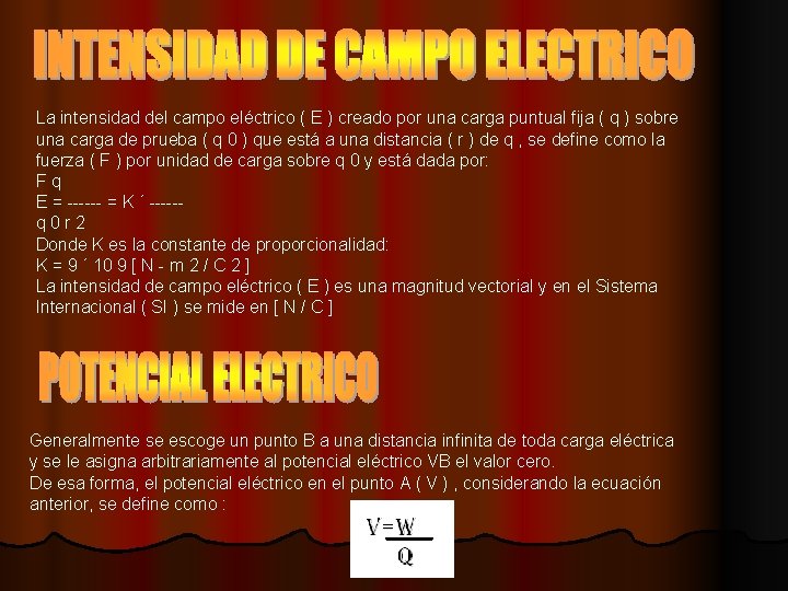 La intensidad del campo eléctrico ( E ) creado por una carga puntual fija