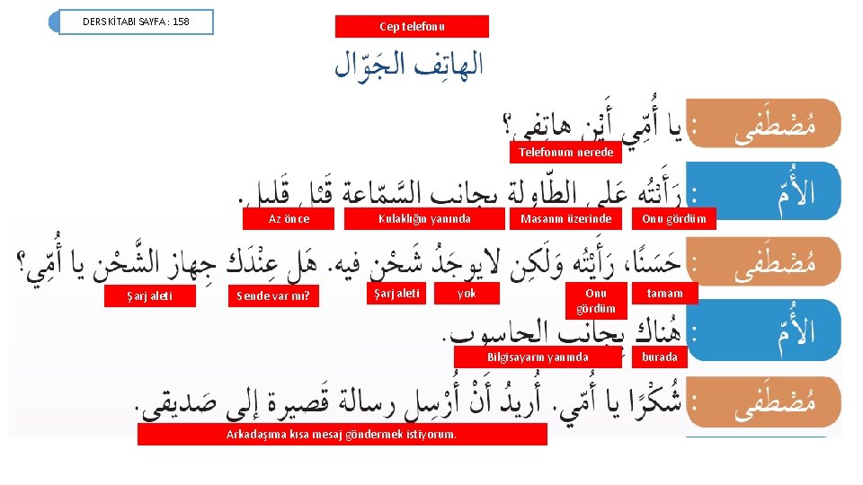 DERS KİTABI SAYFA : 158 Cep telefonu Telefonum nerede Az önce Şarj aleti Sende
