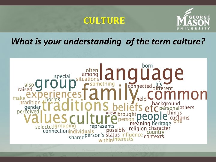 CULTURE What is your understanding of the term culture? CULTURE What is your understanding of the term culture?