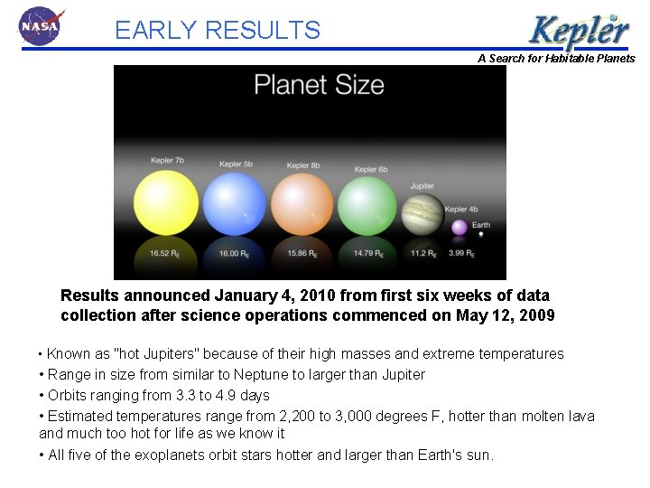 EARLY RESULTS A Search for Habitable Planets Results announced January 4, 2010 from first
