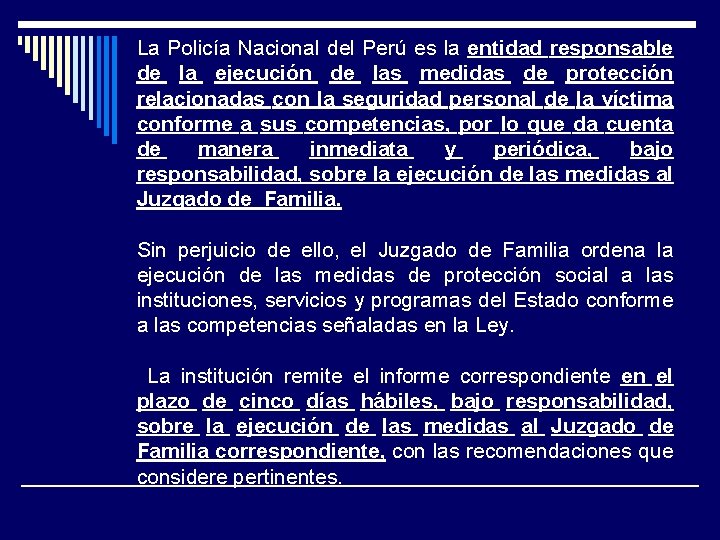 La Policía Nacional del Perú es la entidad responsable de la ejecución de las
