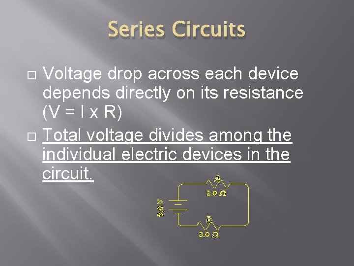 Series Circuits Voltage drop across each device depends directly on its resistance (V = Series Circuits Voltage drop across each device depends directly on its resistance (V =